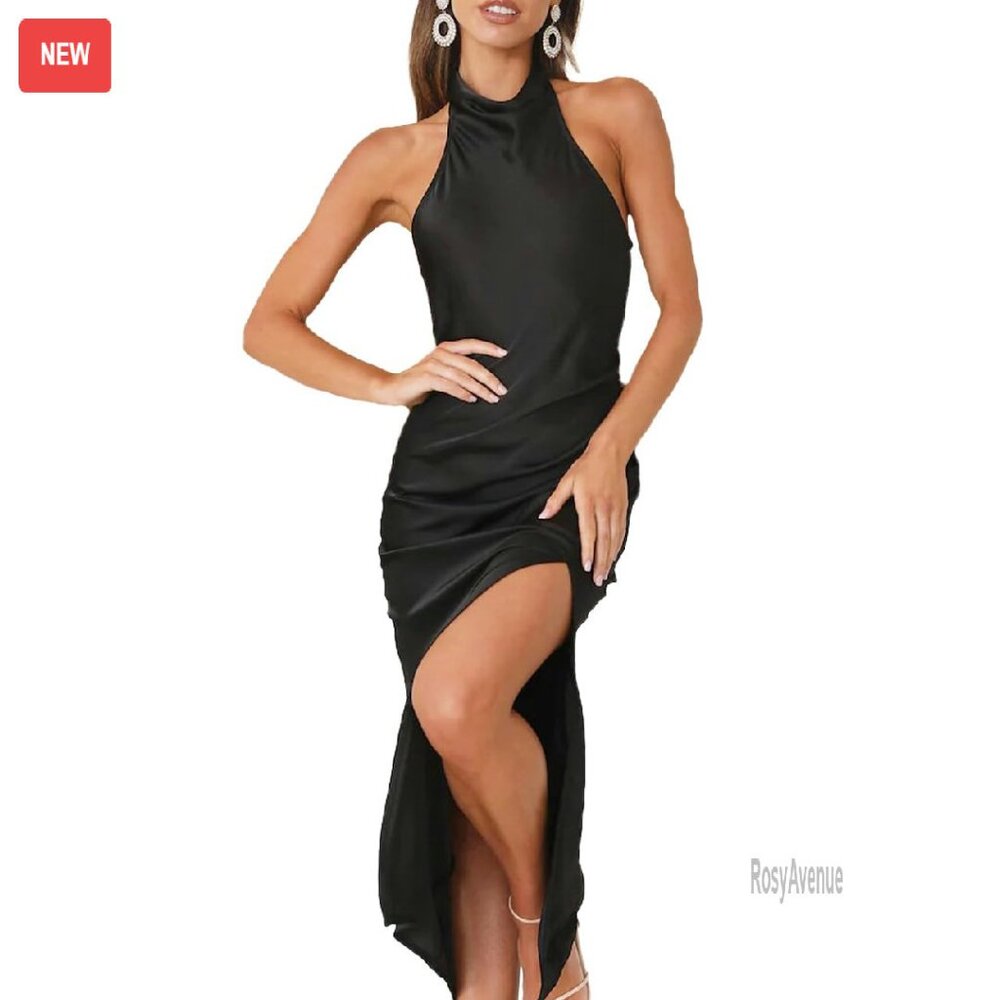 Satin Halter Backless Midi Dress Formal Wedding Guest Sexy